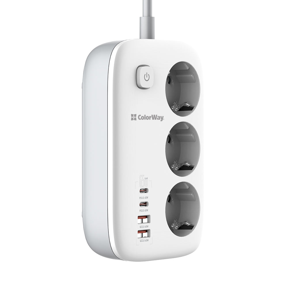 Πολύπριζο ColorWay, 3 x Schuko - 2 x USB-A - 2 x USB-C, Λευκό