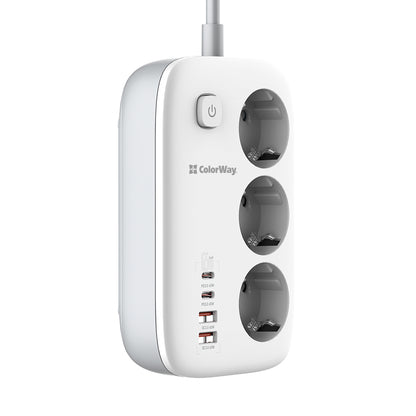 Πολύπριζο ColorWay, 3 x Schuko - 2 x USB-A - 2 x USB-C, Λευκό