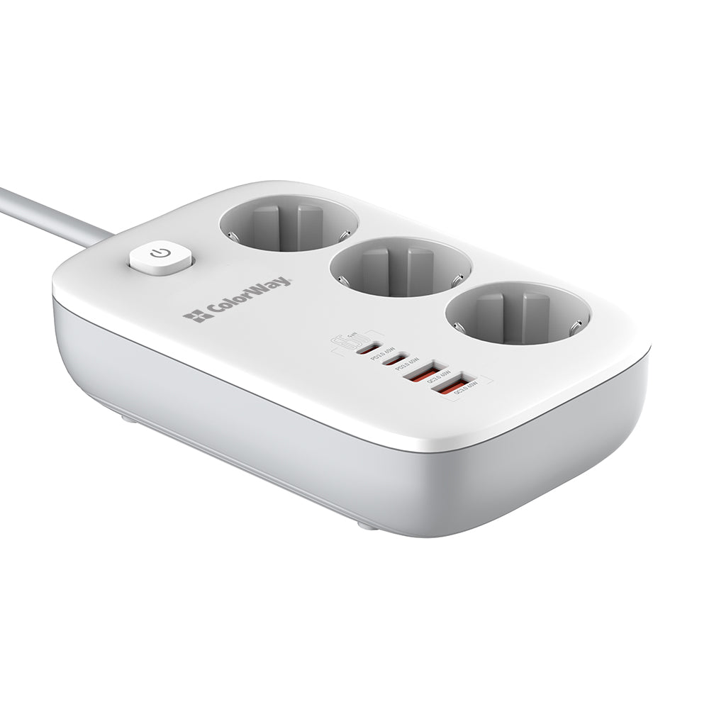 Πολύπριζο ColorWay, 3 x Schuko - 2 x USB-A - 2 x USB-C, Λευκό