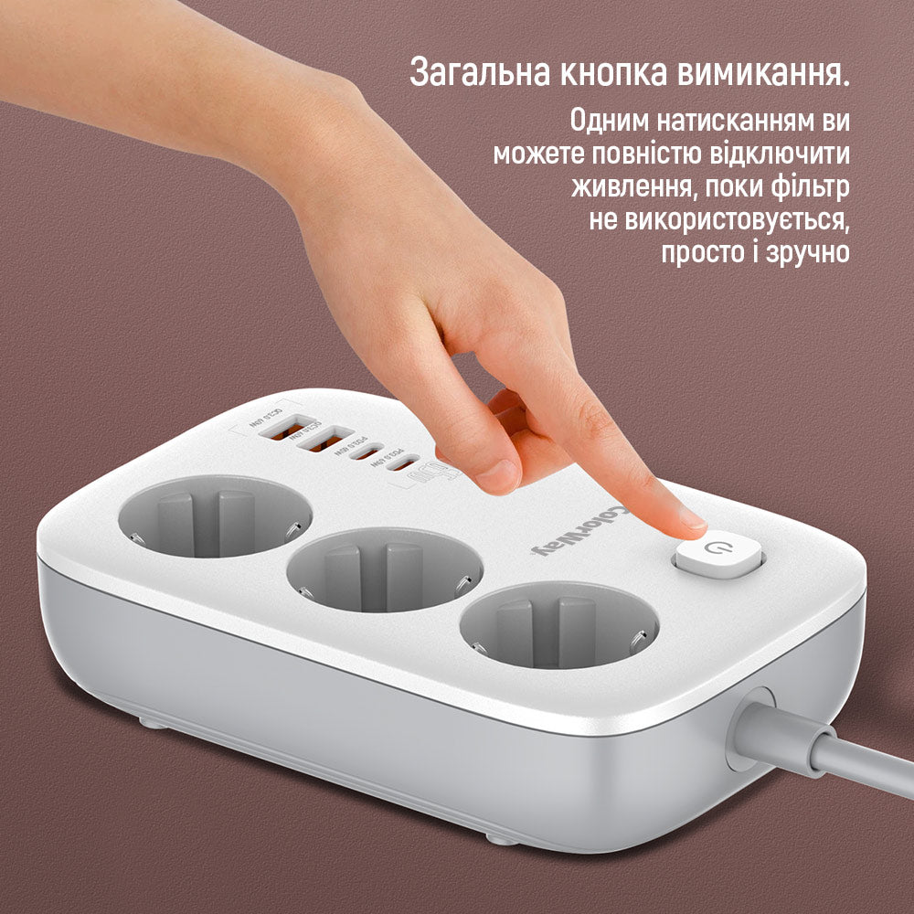 Πολύπριζο ColorWay, 3 x Schuko - 2 x USB-A - 2 x USB-C, Λευκό