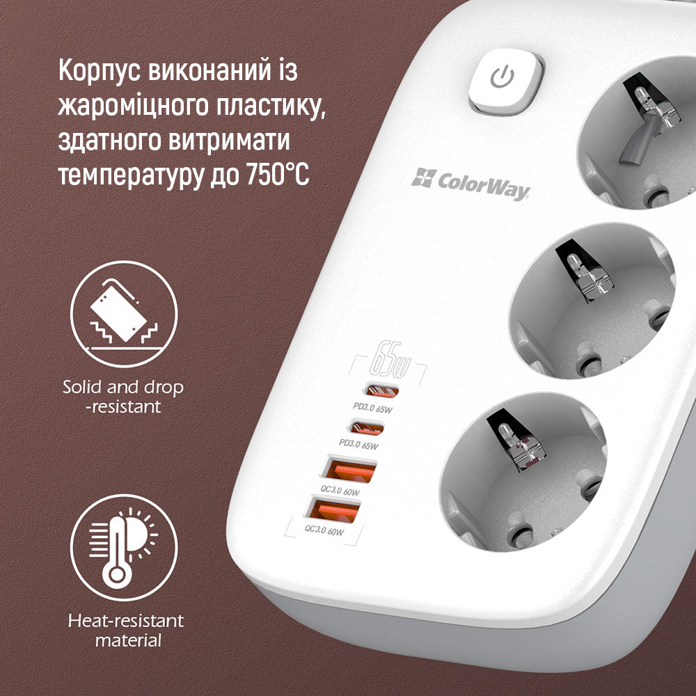 Πολύπριζο ColorWay, 3 x Schuko - 2 x USB-A - 2 x USB-C, Λευκό