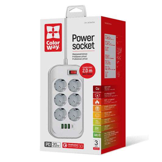 ColorWay Extension Cord, 6 x Schuko - 3 x USB-A - 1 x USB-C, White