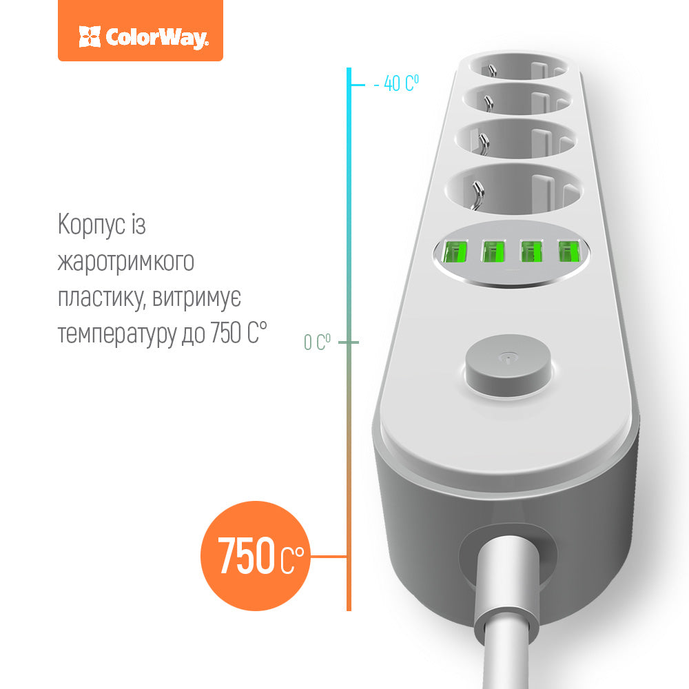Προέκταση ColorWay, 4 x Schuko - 4 x USB-A, Λευκό