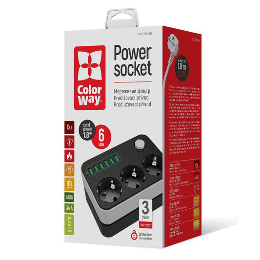 ColorWay Extension Cord, 3 x Schuko - 6 x USB-A, Black