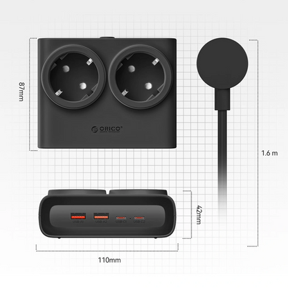Orico PDC25 Extension Cord, 2 x Schuko - 2 x USB-A - 2 x USB-C, Black