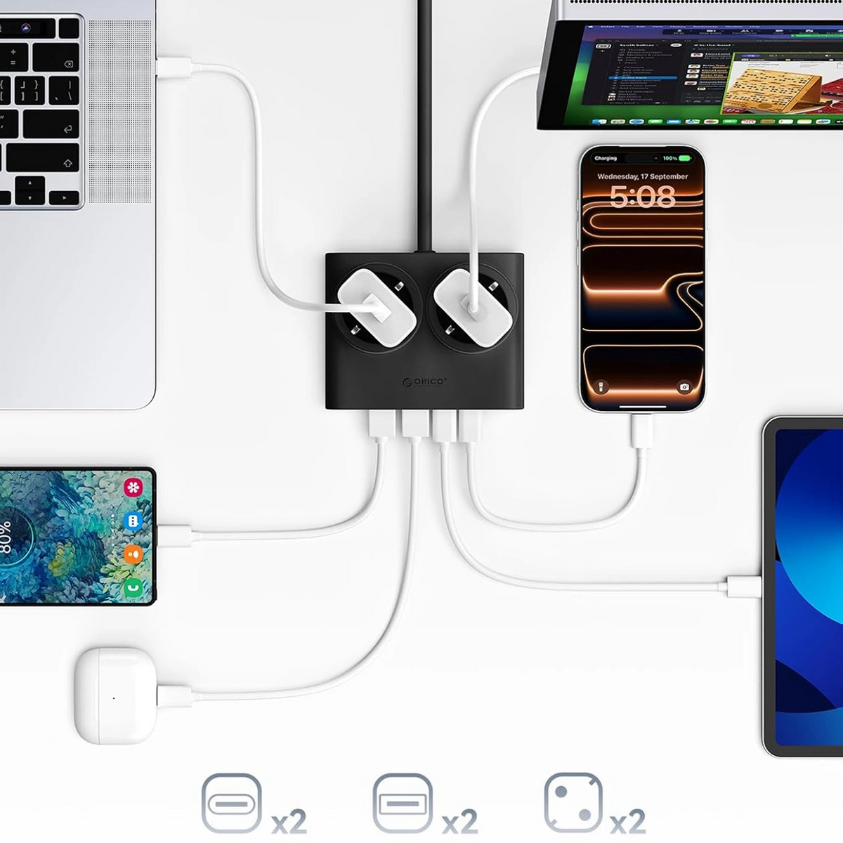 Orico PDC25 Extension Cord, 2 x Schuko - 2 x USB-A - 2 x USB-C, Black