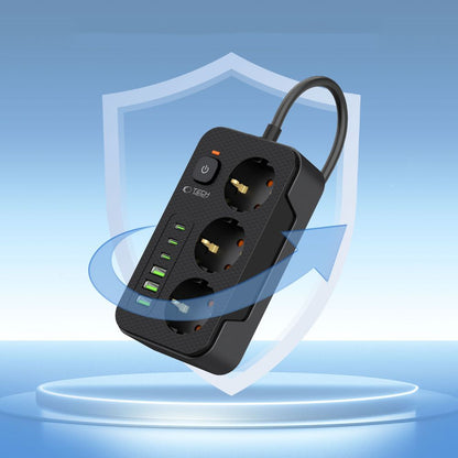 Tech-Protect PC3X6 Extension Cord, 3 x Schuko - 3 x USB-A - 3 x USB-C, Black
