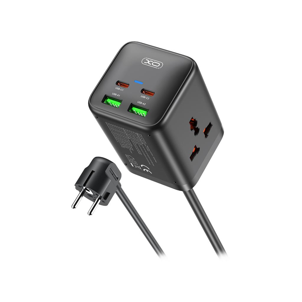 XO Design WL24 Extension Cord, 2 x Socket - 2 x USB-A - 2 x USB-C, Black