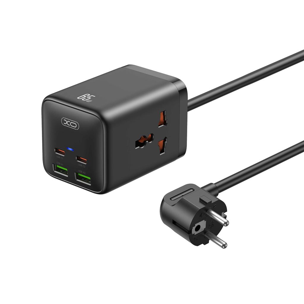 XO Design WL24 Extension Cord, 2 x Socket - 2 x USB-A - 2 x USB-C, Black