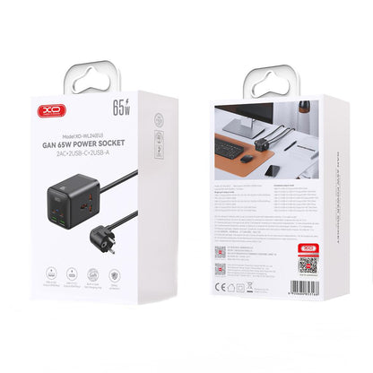 XO Design WL24 Extension Cord, 2 x Socket - 2 x USB-A - 2 x USB-C, Black
