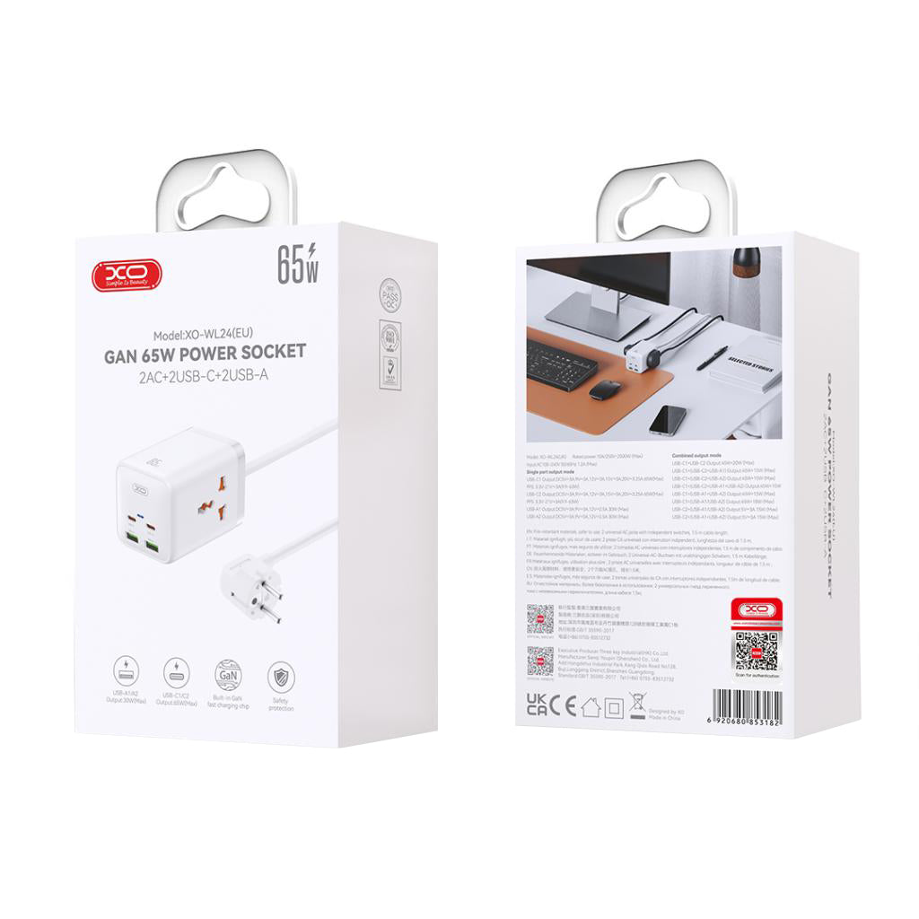 XO Design WL24 Extension Cord, 2 x Socket - 2 x USB-A - 2 x USB-C, White