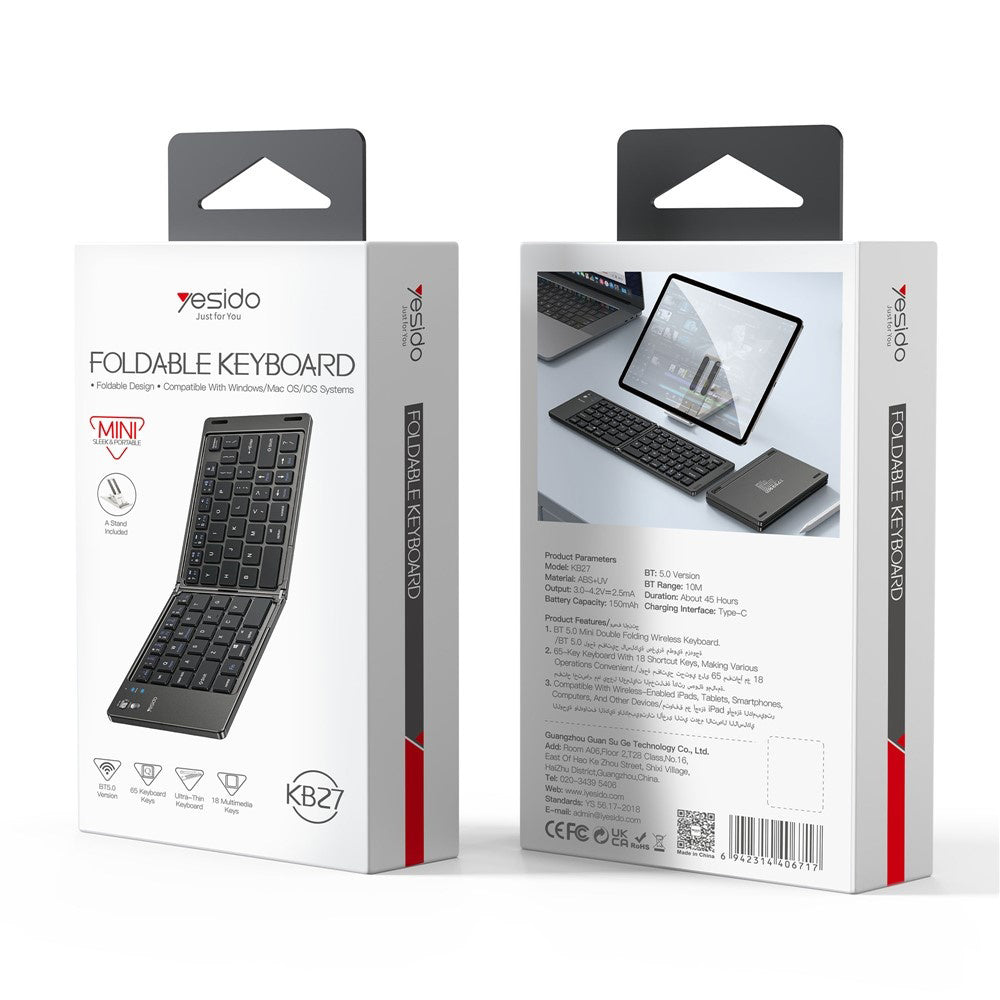 Πτυσσόμενο Πληκτρολόγιο Bluetooth Yesido KB27, Μαύρο